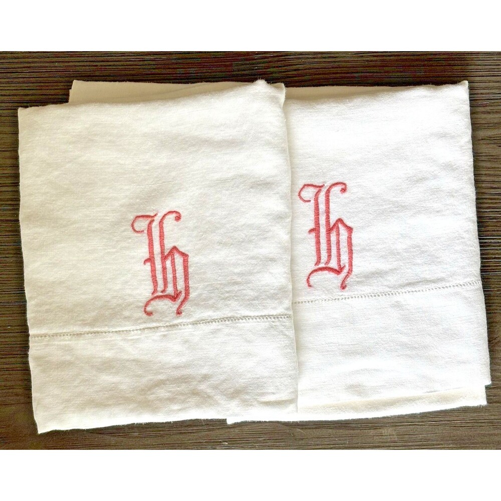 2 Linen Antique White Pillowcases Sham Pink Rose Embroidery Monogram “h" 31X19”